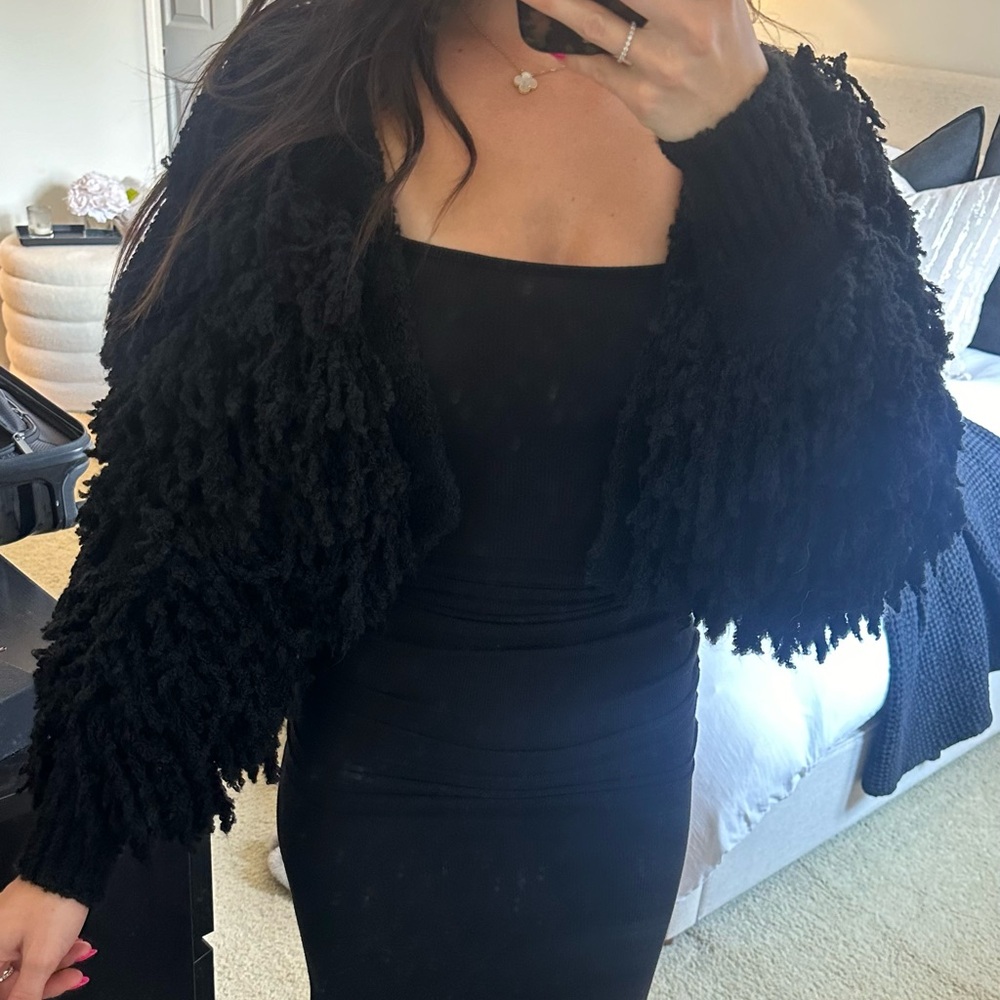 Topshop black shaggy cropped fuzzy jacket